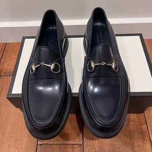 Gucci Navy slip on "rain" loafers